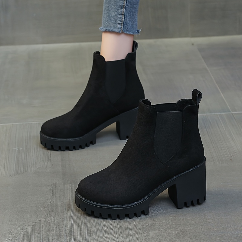 Damen Chelsea Ankle Boots, Minimalistische einfarbige Slip-on Booties,  Stoff-Obermaterial, Block High Heel, Plain Toe, mit Stoff-Futter, PU-Sohle,  - Main Image