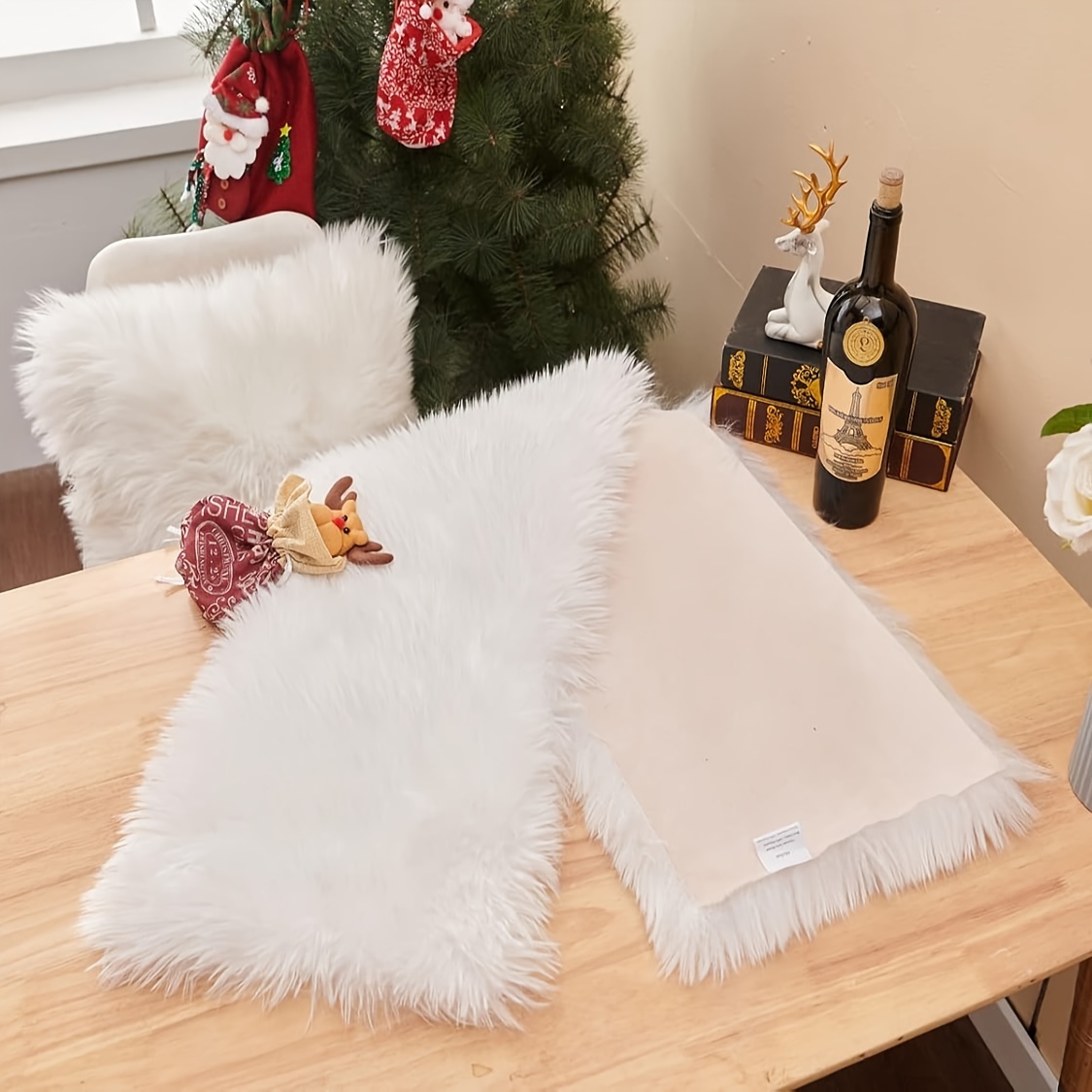 Christmas Table White Fluffy Runner FabricLA Faux Fur Table Runner