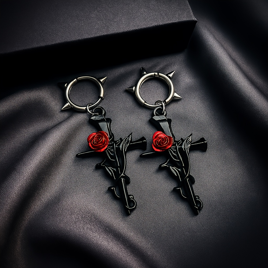 Gun-black Cross Rose Earrings Gothic Halloween Rock Hip Hop Jewelry Earrings