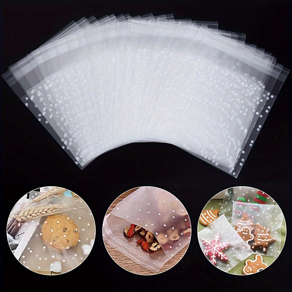 

100pcs Clear Plastic Self-adhesive Bags With White Polka Dots For Jewelry, Food Packaging, Party Favors, Wedding Supplies, , Holiday Accessories - No Power Required.