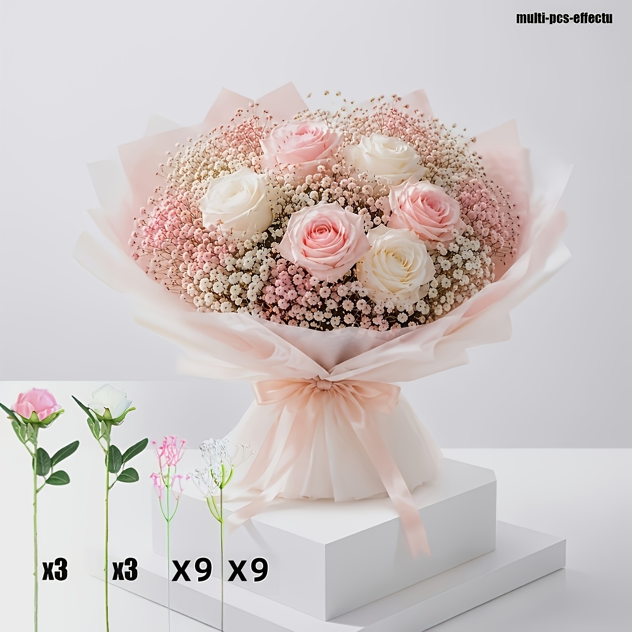 TEMU 24pcs High-end Artificial Flower Bouquet = 3 Pink Roses + 3 White Roses + 9 Pink Baby's Breath + 9 White Baby's Breath - Perfectly Suitable For