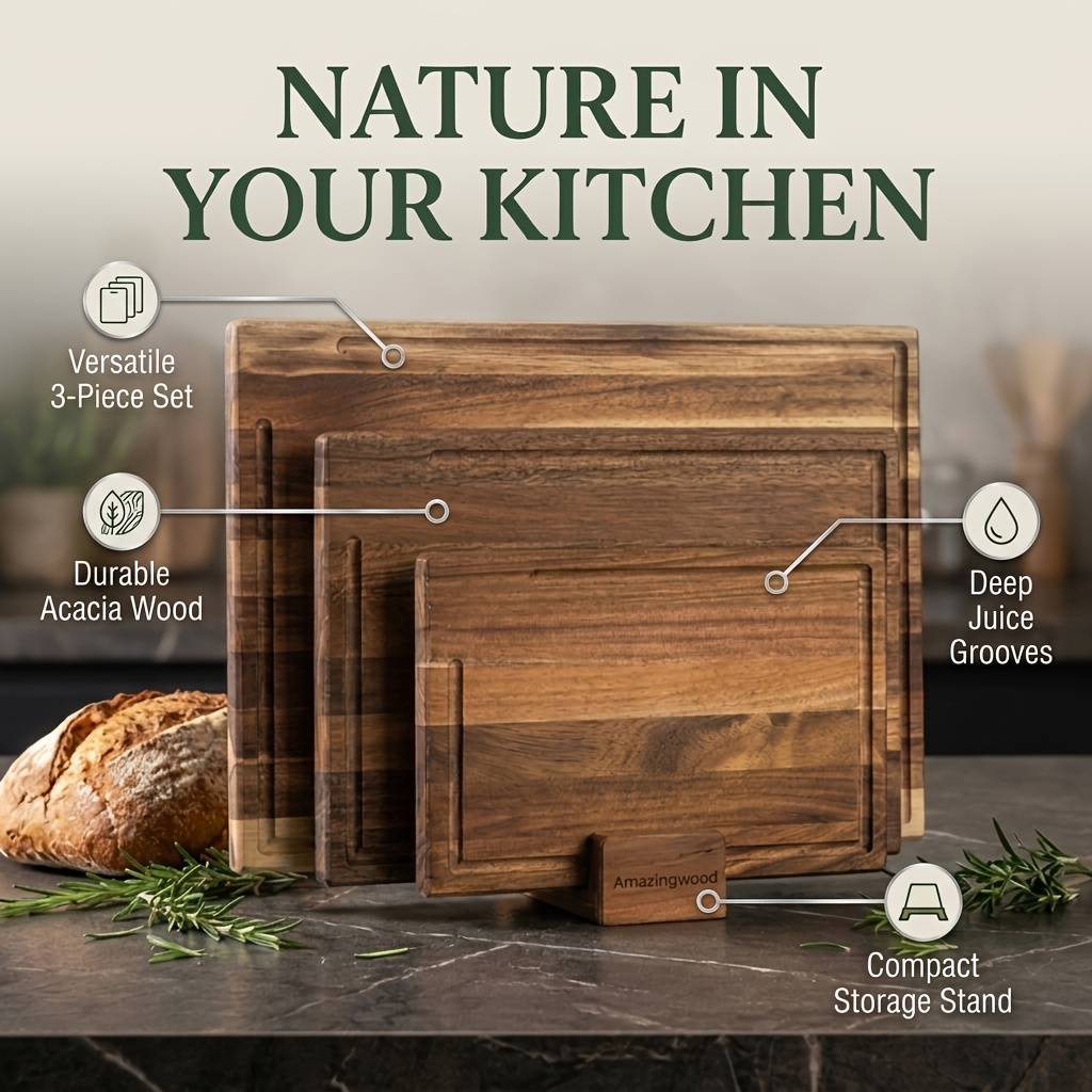 TEMU 3pcs Solid Acacia Wood Cutting Boards Set, Heavy Duty With Juice & Non Slip-for Meat, Veggies, Fruit, Bbq, Charcuterie | Dishwasher Safe? Hand