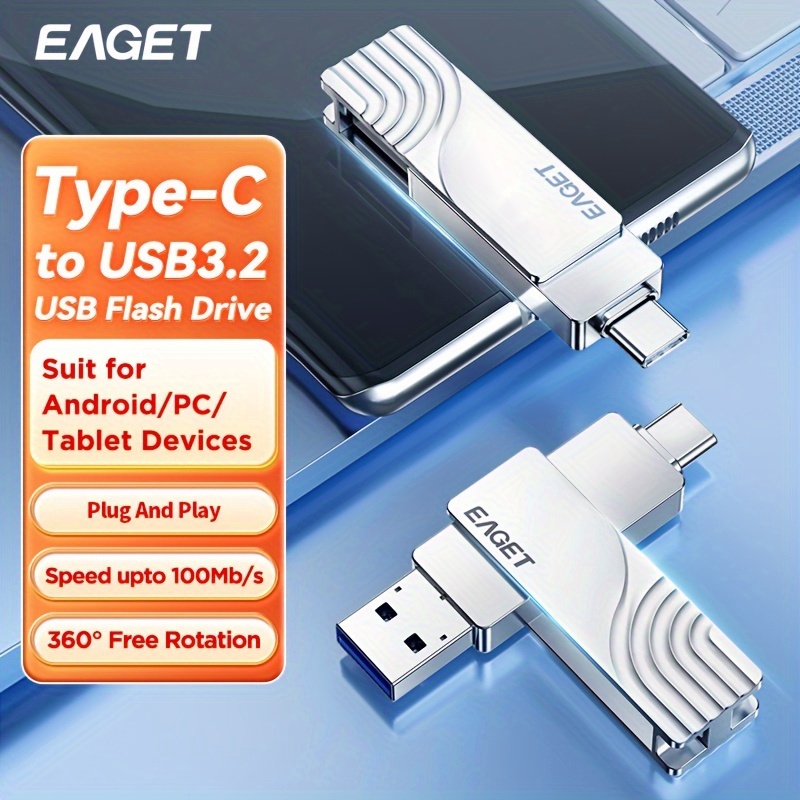 

Clé USB 3.2 2-en-1 EAGET, clé USB 3.2 de type C vers USB, haute vitesse Mb/s, à 360°, , stockage externe pour /PC/iPhone15/16, 32 Go/64 Go/128 Go/256 Go/512 Go