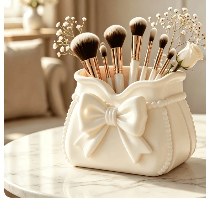 TEMU Bow-shaped Makeup Brush Storage Jar, Desktop Pen Holder Organizer Box, 3d Printed Storage Container, Vanity Makeup Tool Storage Tube, Bathroom