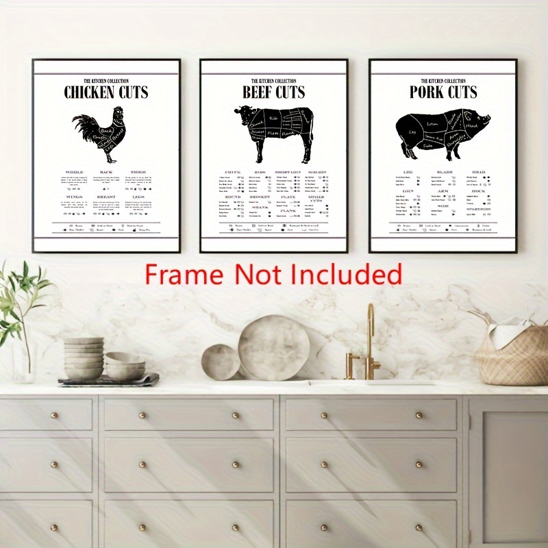 3pcs Butcher Guide Poster, Chickens Pork Beef Meat Cuts Chart Print, Gift  For Butcher, Wall Art Canvas Painting, Butcher Diagram Series Prints For Kit