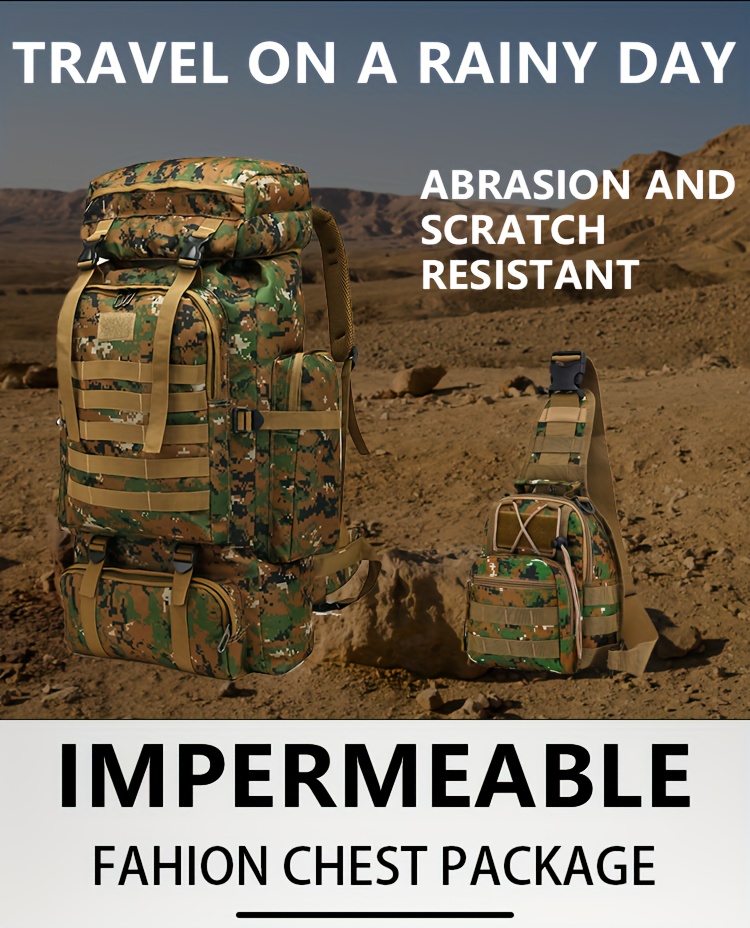 2pcs Set 21.13gal Hiking Backpack Tactical Backpack Camping Mountaineering Bag Tactical Backpack 3 Day Assault Pack Chest Pack Large Camping Unisex Camouflage Outdoor with DIY System, Camping, Hunting, Hiking, Sports, Men's Traveling Camping Hunting, JUMAHE