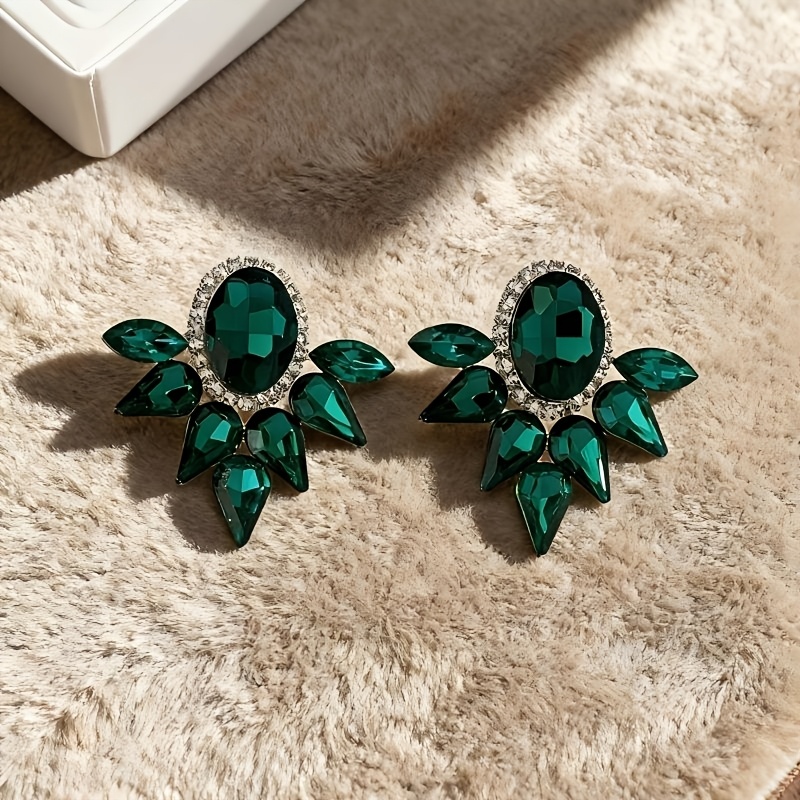 Trendy Green Rhinestone Geometric Stud Earrings, Bold Fashion Statement
