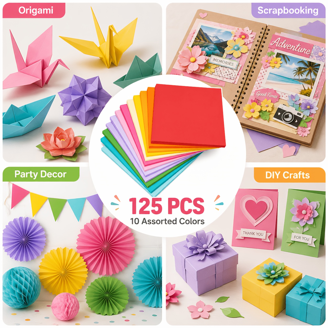 TEMU 125pcs Colored Cardstock Set, 10 Colors Of Square Thick Craft Paper, Heavyweight Handmade Paper, Suitable For School Crafts, Origami,