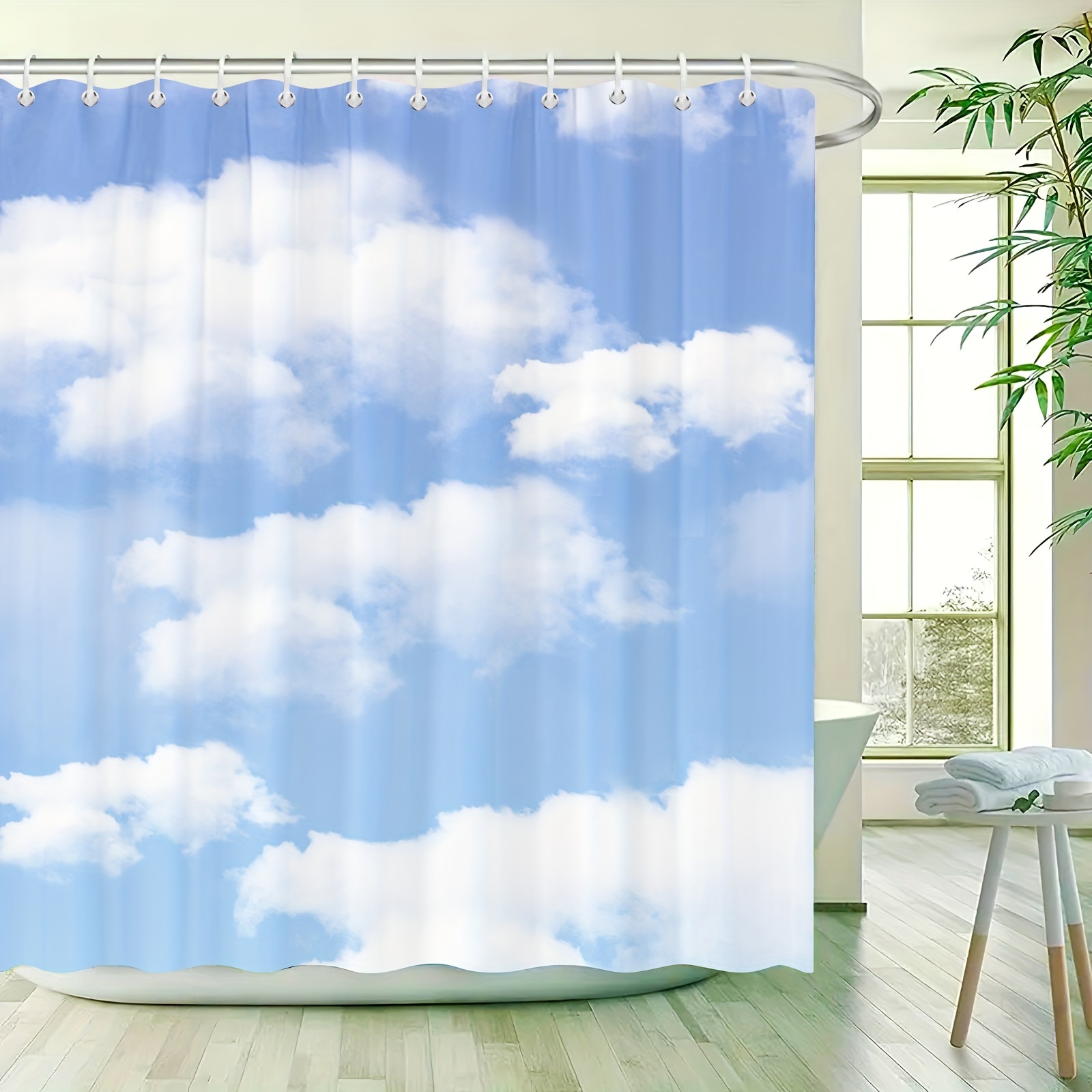 1pc Blue Sky Shower Curtain With 12 Hooks, White Cloud Decorative Curtains,  Fabric Waterproof Shower Curtains For Bathroom And Windows, 72Wx72H, Bat
