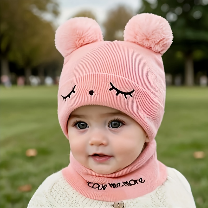 Image of 2pcs Kids Comfortable Knitted Pom Pom Beanie - Hand Washable Stretchable Fabric, Letter Design, Suitable For 3-12 Months Infants And Toddlers, Unisex