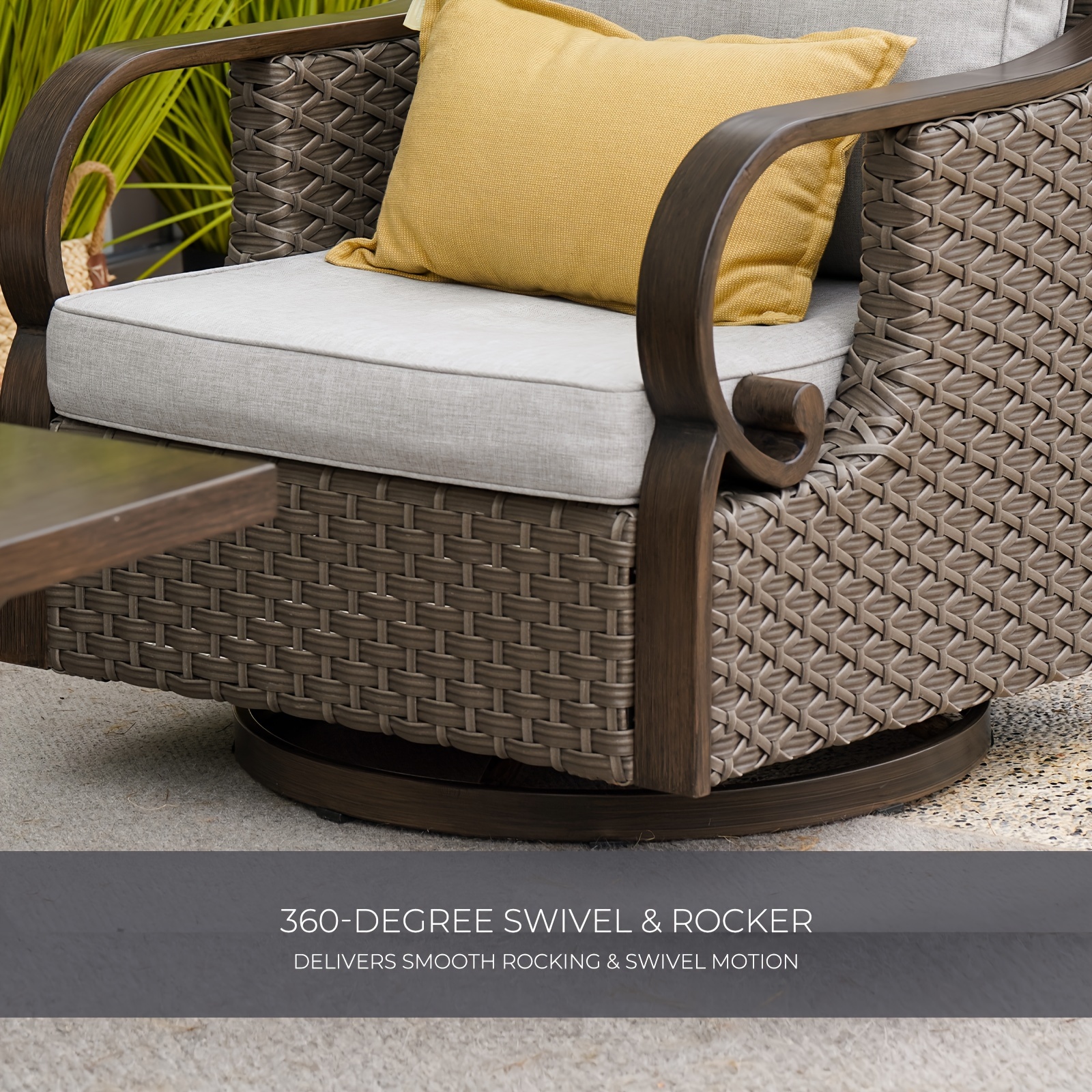 4pcs frame wicker patio furniture set with cushioned swivel rocking   table weather indoor outdoor sofa suitable for deck poolside for celebrations woodgrain   frame assembly Product details 2