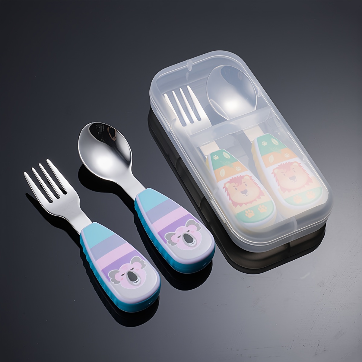 

Cartoon Pattern Stainless Steel Flatware Set, Short Handle Cutlery Set, 2-piece Spoon And Fork Set With Storage Case