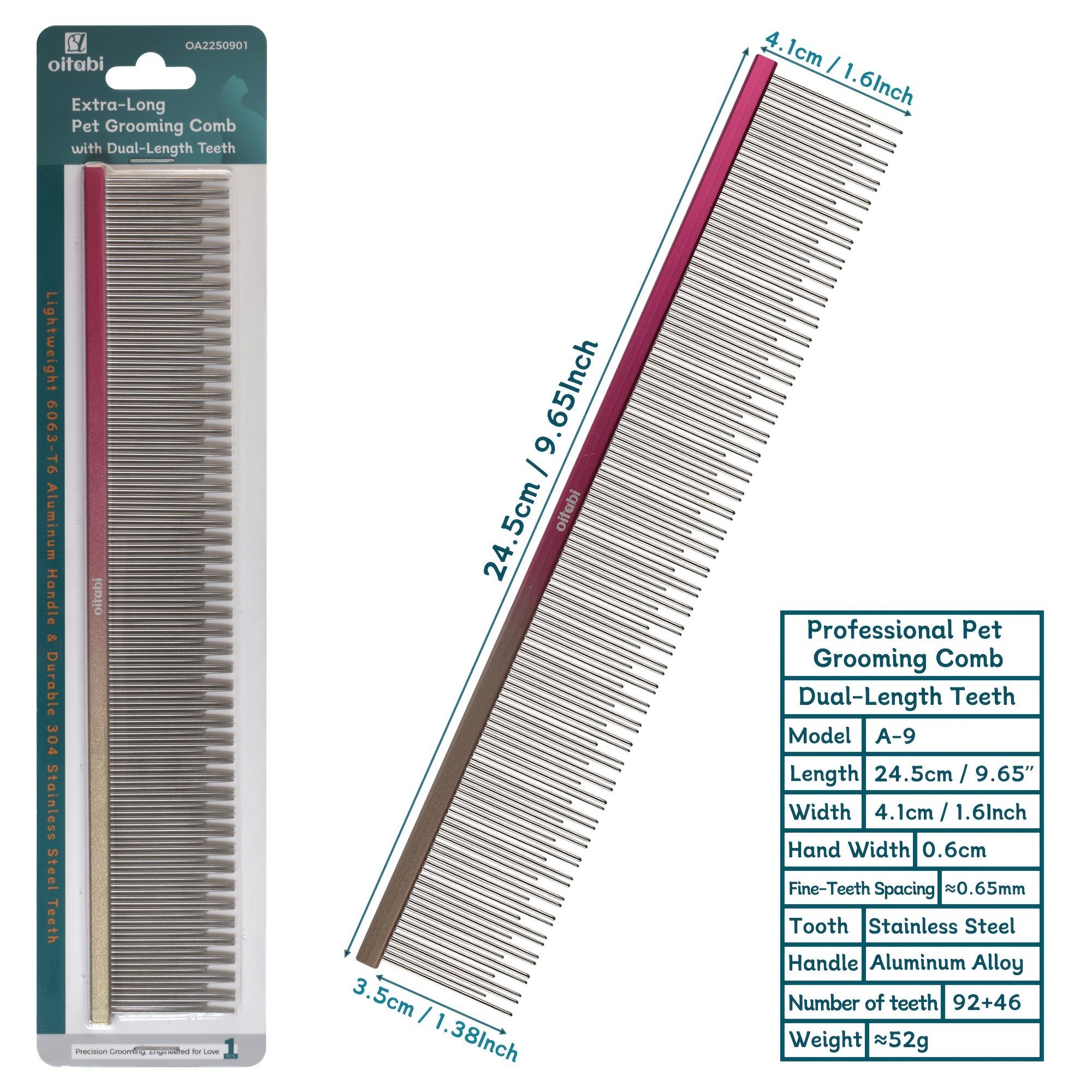 TEMU Oitabi Extra Long 24.5cm/9.65inch Cat Comb With Rounded Tips Dual Tooth Design For Short Long Hair Mats & Remover