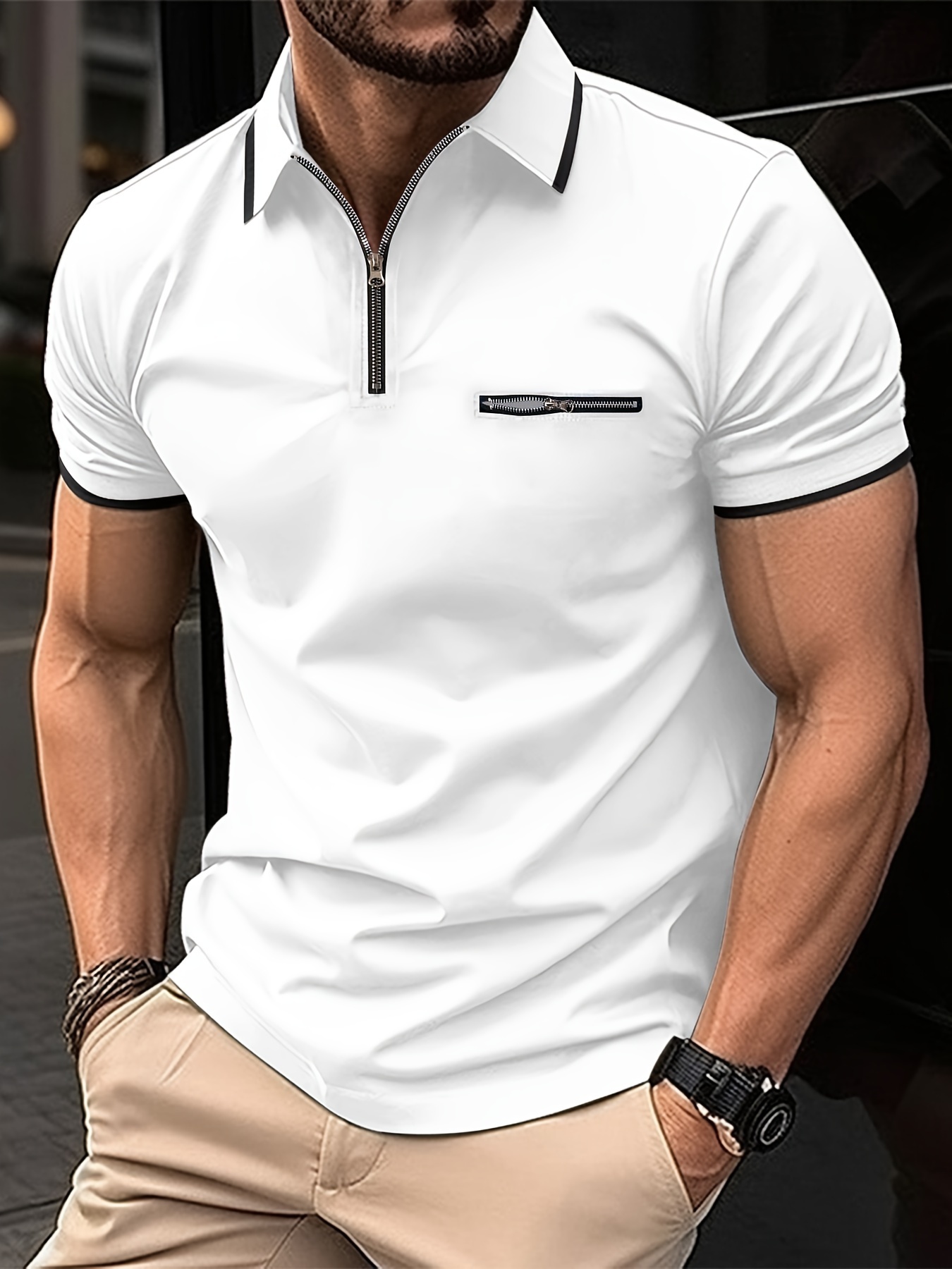 Camisas polo de moda para hombre, manga corta, cuello en V, cremallera,  casual, golf, ajuste clásico