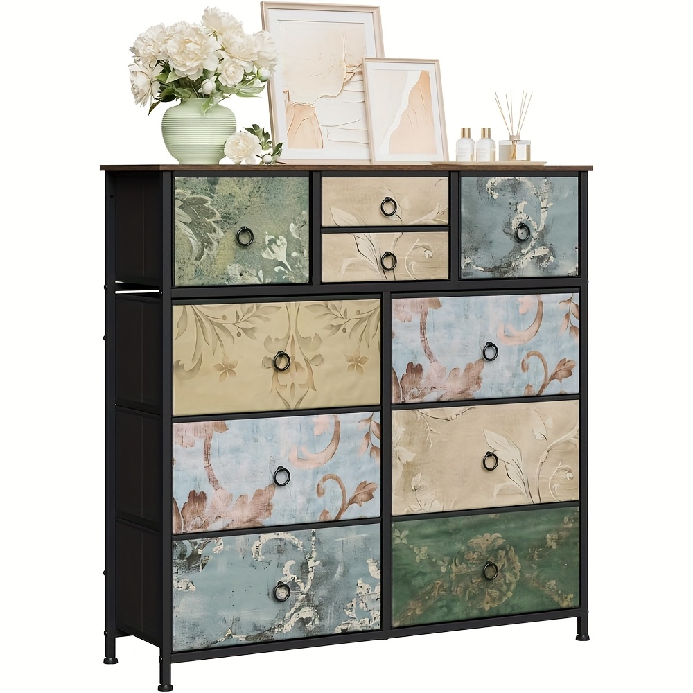 Image of 1pc Chest Of Drawers With 10 Drawers, Storage Drawer, Dresser, Chest Of Drawers And Drawers For Living Room, Bedroom And Hallway, Rustic Brown+black+vintage Flowers, 100 X 30 X 100cm