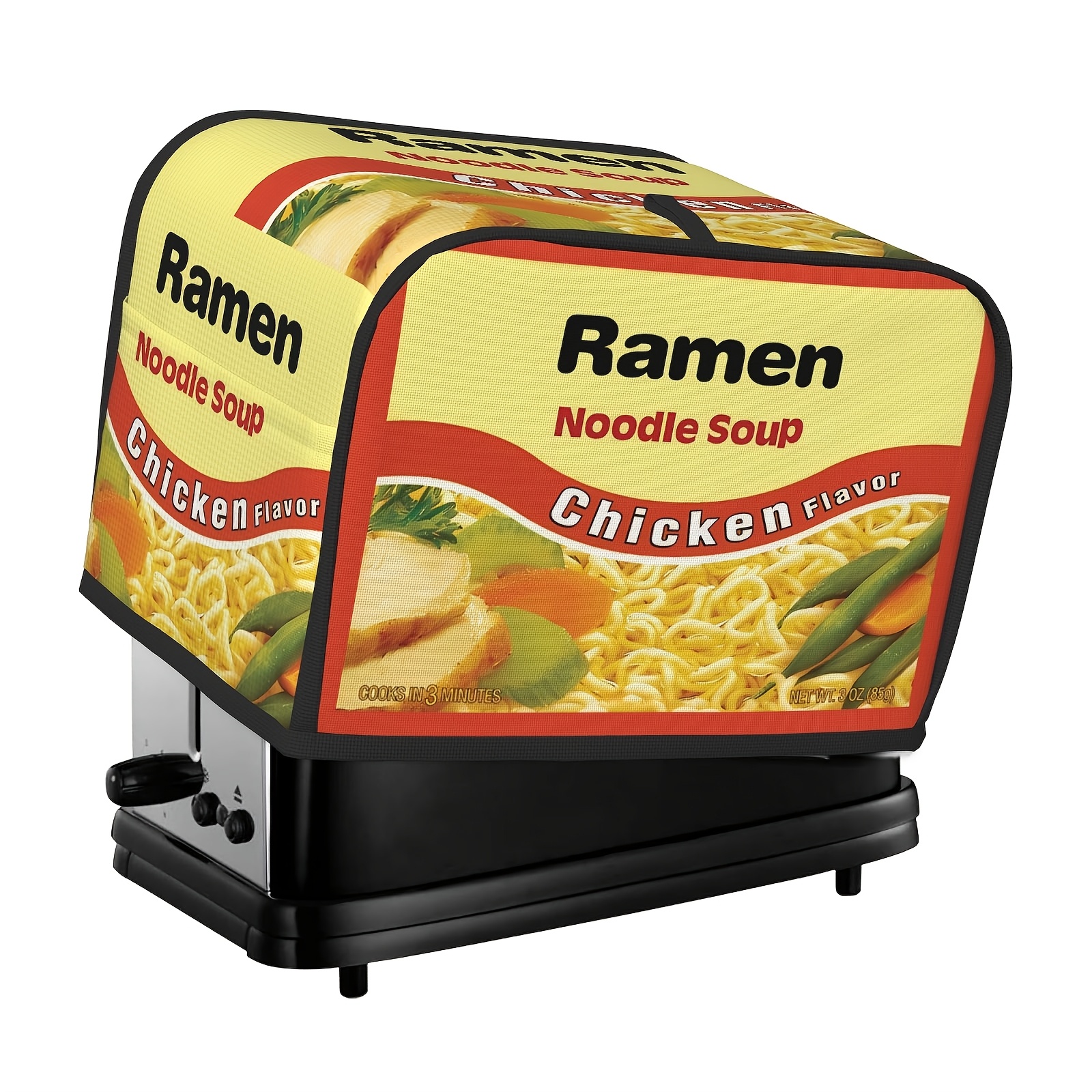 a fun ramen print toaster cover with beef and chicken flavors   the toaster   and   its machine washable and fits two   toasters making it an easy to clean kitchen accessory details 9