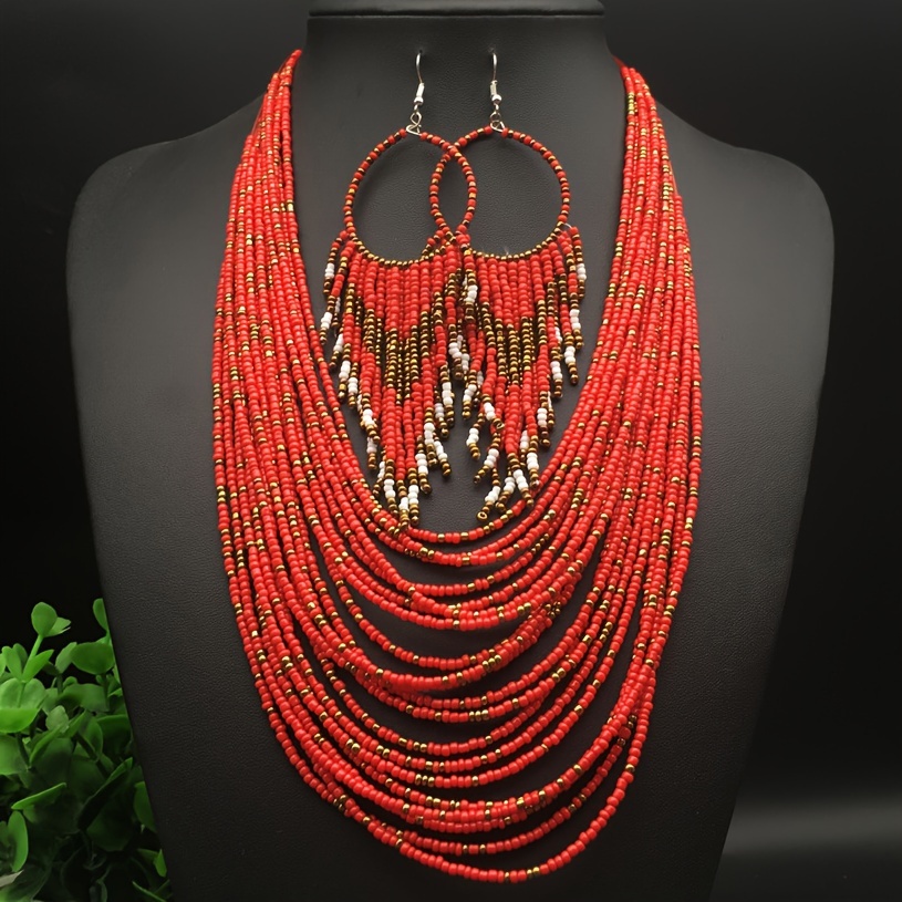 

Vintage Bohemian Multi-strand Beaded Necklace And Earrings Set - Everyday Wear And Holiday Getaways