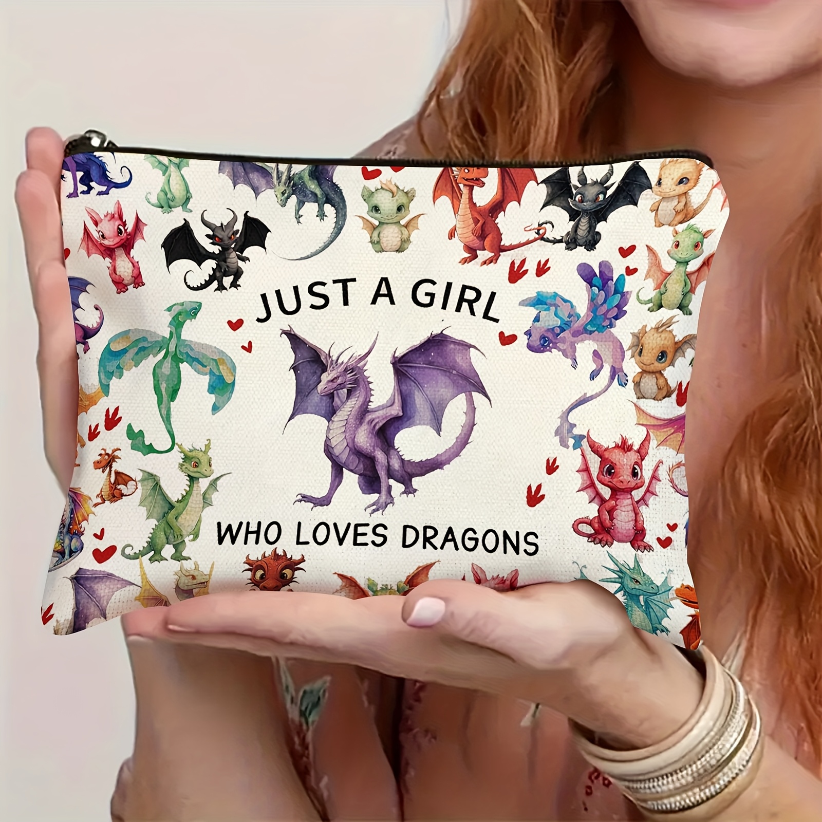 TEMU Who Dragons Makeup Bag - Colorful Mythical Creatures & Hearts, Zipper Closure, Travel-friendly Cosmetic Pouch, Ideal Gift For , Dragon Decorations