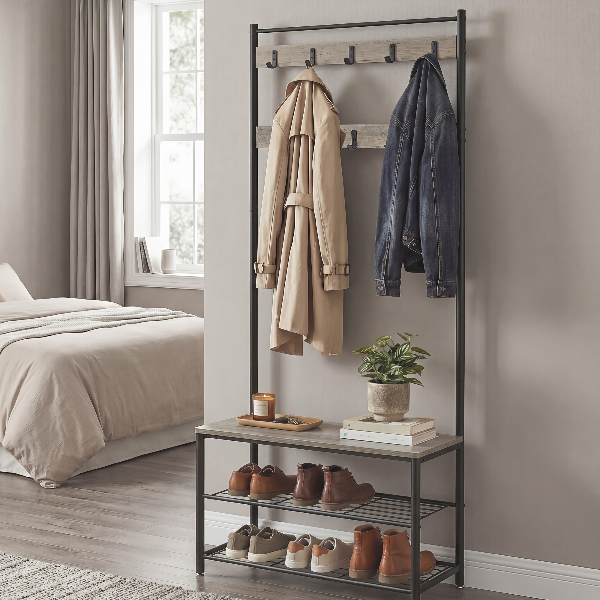 Multifunctional Clothes and Coat Rack with 8 Hooks and 3-Layer Shelf