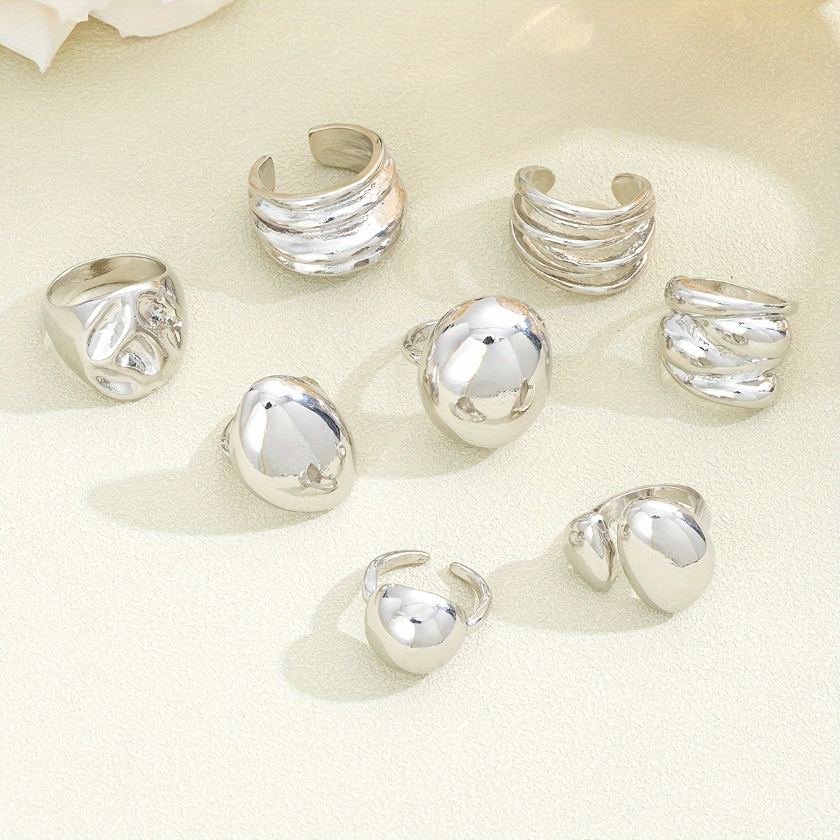 8 Piece Set & Bold Wide Band Geometric Ring Set For Women