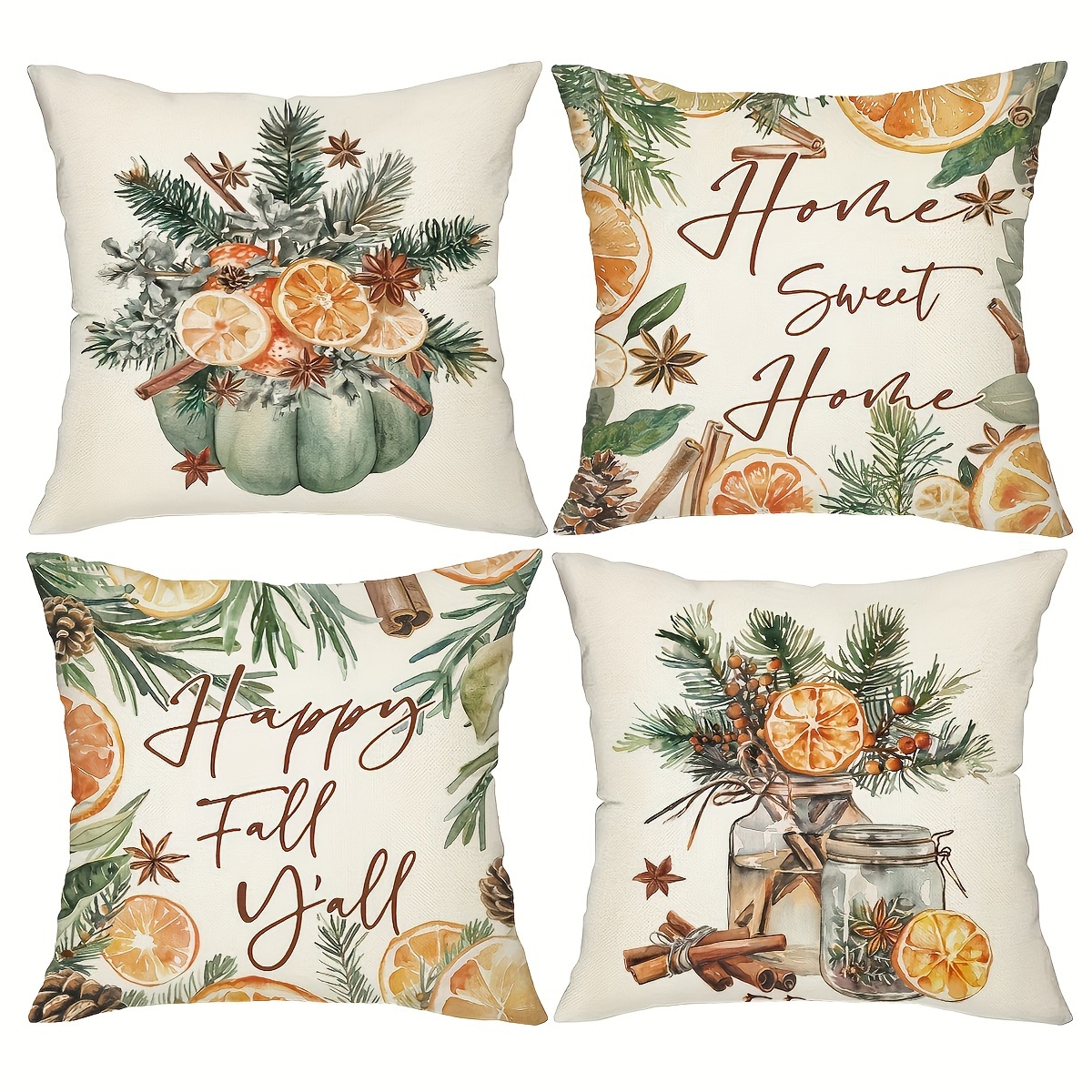 

4-piece Rustic Farmhouse Throw Pillow Covers 18x18 Inch - Autumn Pumpkin & Orange Slice Design, Linen Blend, Zippered Cushion Cases For Sofa And Outdoor Decor, Machine Washable - Inserts Not Included