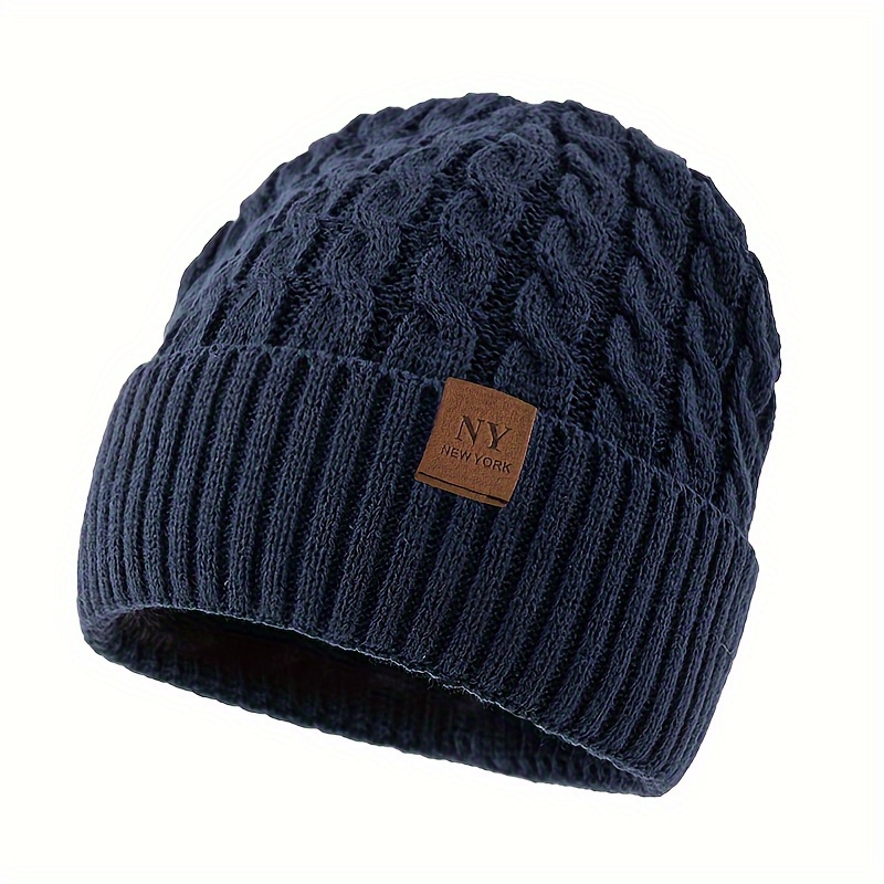 TEMU Ny Letter Autumn And Winter Thickened Warm Knitted Beanie With Lining, Cold Protection Ear Flap Hat, Outdoor Casual Sports Windproof Skull
