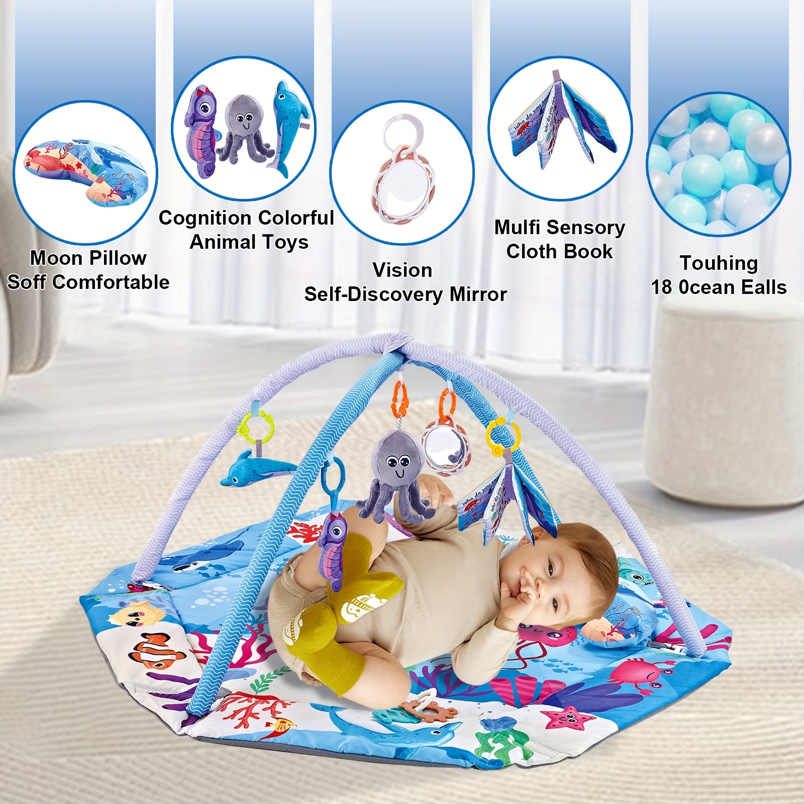 4 in 1 baby play mat with activity gym   bedding set   polyester   sensory toys ball pit with 18 ocean balls included early motor skills development   0 3 years details 8