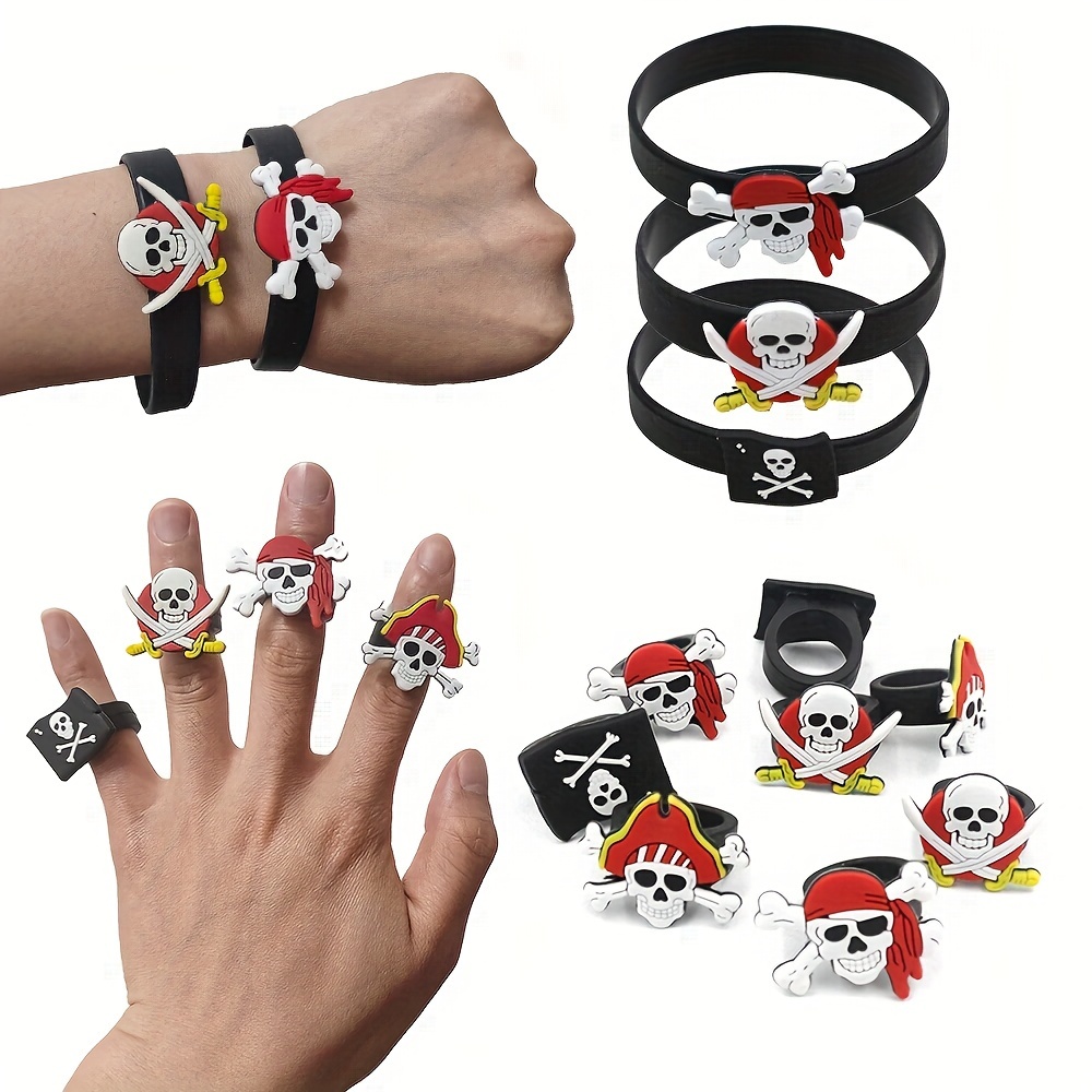 

6pcs Pirate Party Set - Black Silicone Bracelets & Rings For Birthday And Halloween Decorations