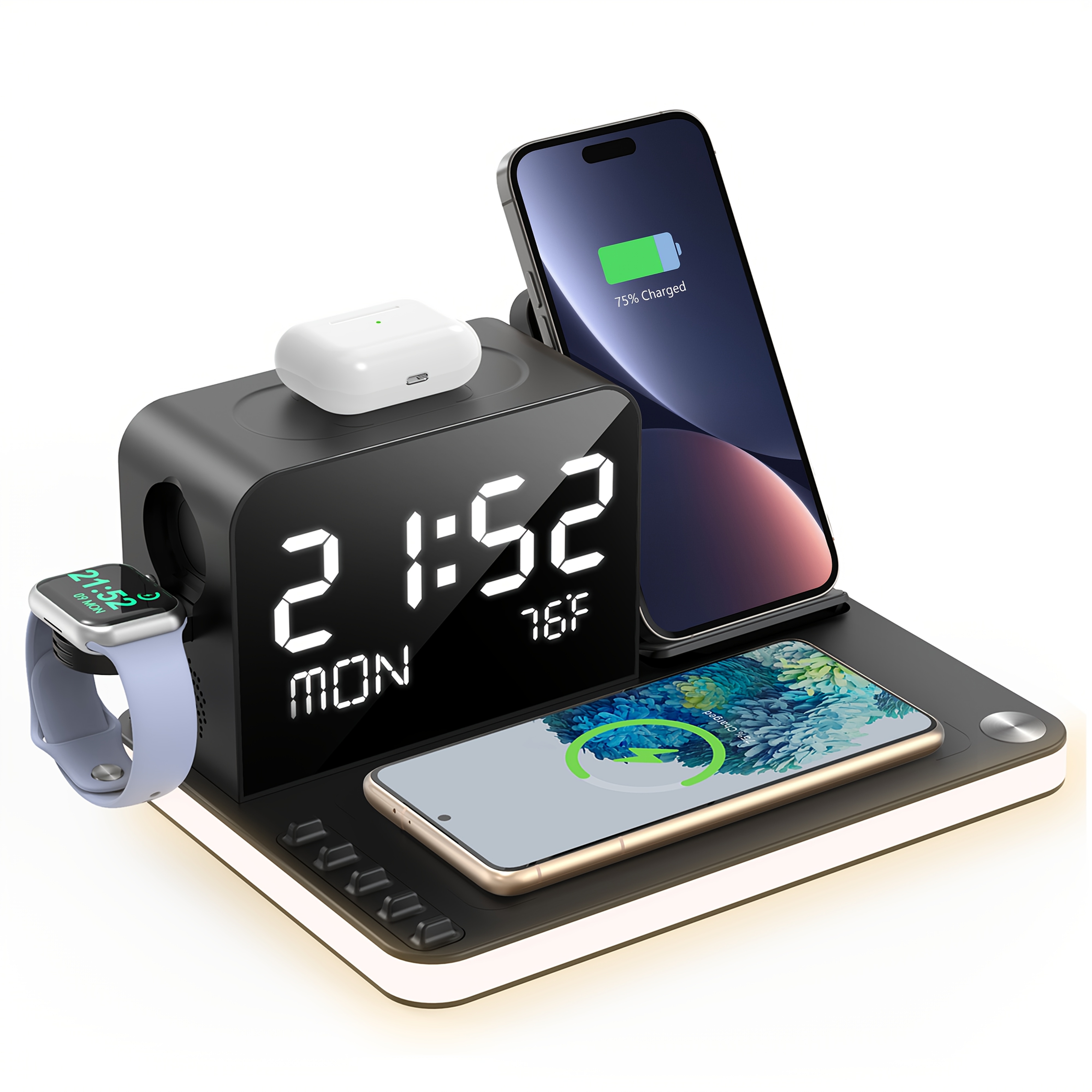 

Bezosmax 7in 1 Charging Station With Clock, Wireless Charger With Night Light, Bt Temperature, For /15/14/13/12/11 All Series & Airpods& Iwatch, Valentine's Day, Presidents Day & Spring Promotion..