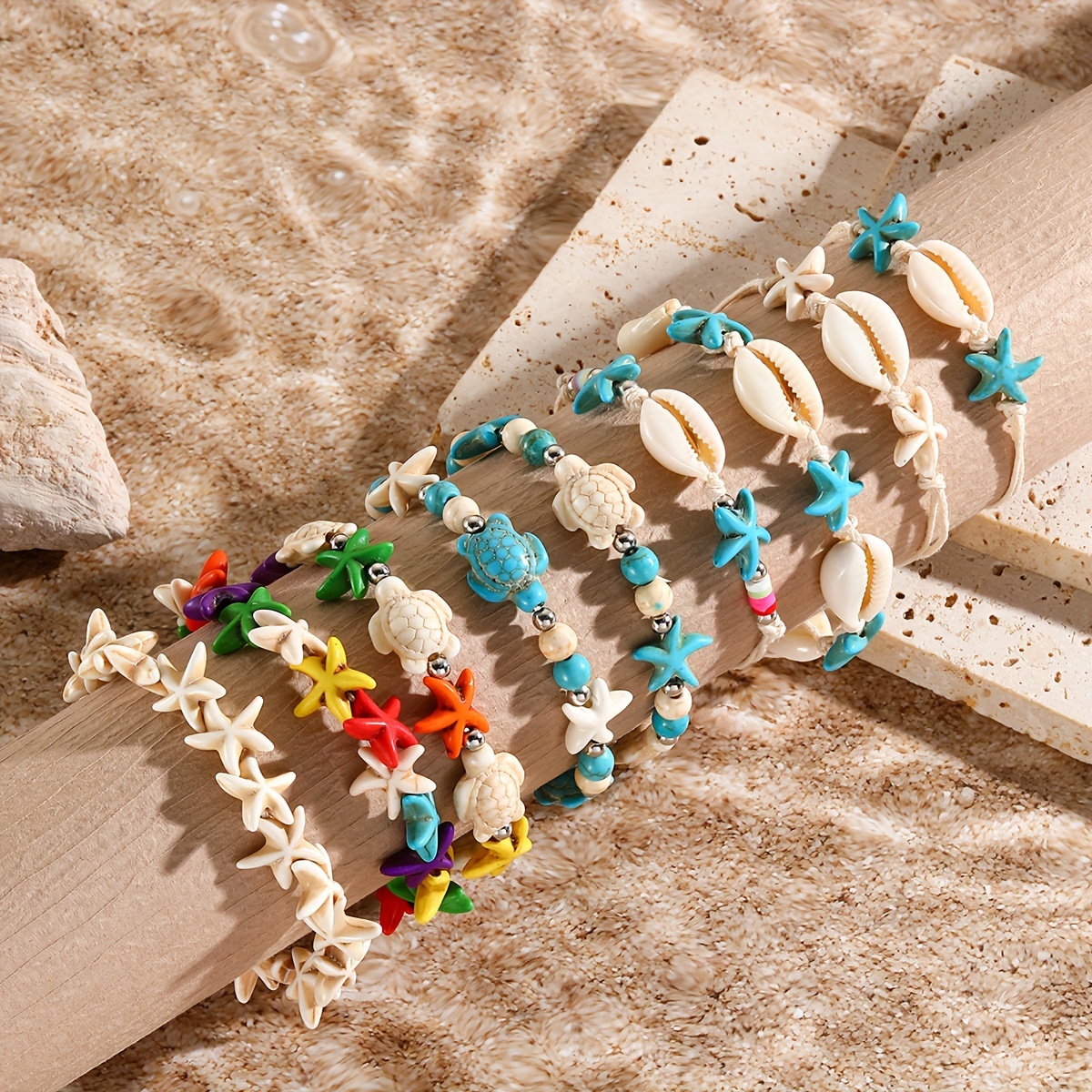 

9pcs Bohemian Shell Starfish Turtle Bracelets Set, Vintage Boho Beach Rainbow Color Bracelet Jewelry, Summer Beach Bracelet Collection For Everyday Wear