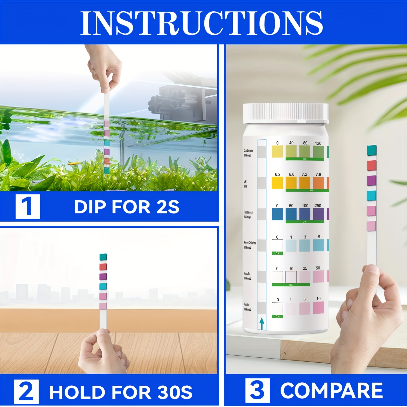 Aquarium Fish Tank 6-Item Water Quality Test Strips All-Round Detection Carbonate Nitrate Nitrite Hardness Residual Chlorine Ph Test Strips (100 Strips/Roll)