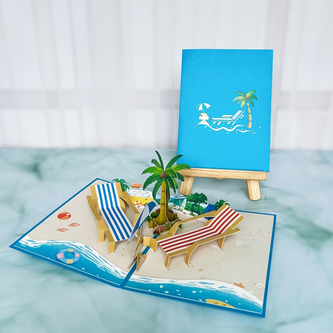 E-shop Pop-Up 3D Stereoskopische Grußkarte mit Umschlag, Strandstuhl- und Palmenmuster, Urlaubsreise-Thema, Geeignet für