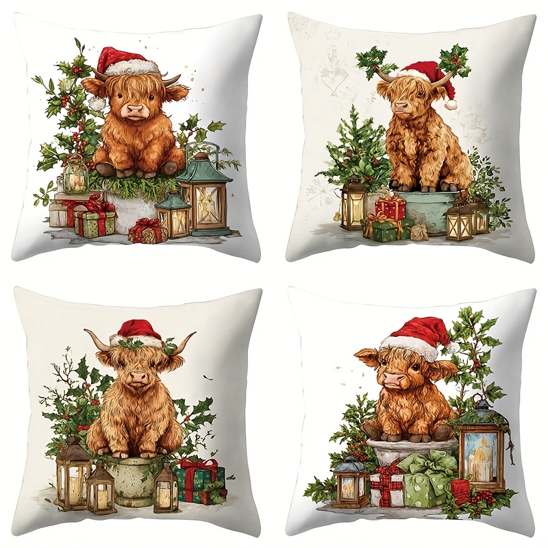 TEMU 4pcs, Christmas Theme, Cute Highland Cow In Christmas, Warm And Comfortable, Beautiful And Practical, 17.72 Inches * 17.72 Inches, Suitable For