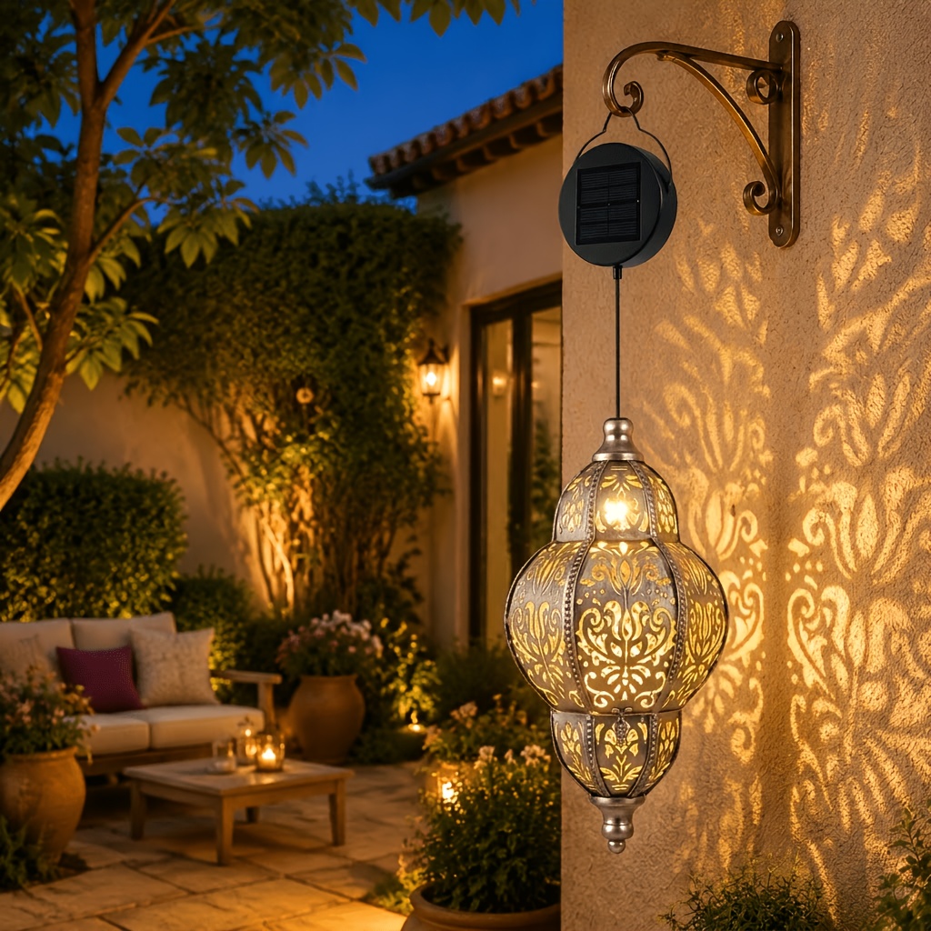 TEMU Blue/purple/golden Moroccan Solar Lantern, Hollow Metal Hexagon Outdoor Hanging Light With Carnation Rose Projection, 1800mah Battery, Ip44 For