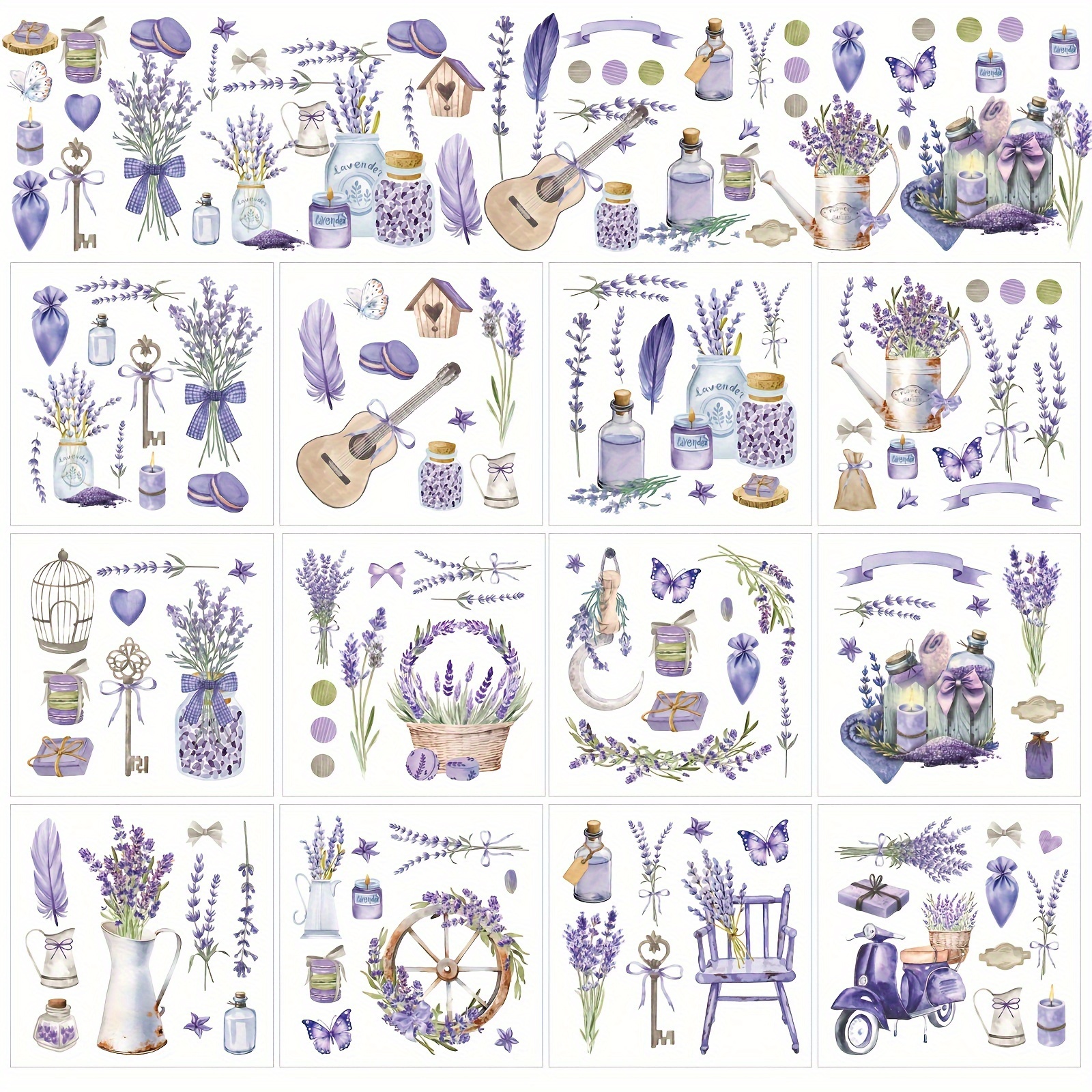 

12-pack Lavender Themed Rub On Transfer Stickers, Vintage Floral & Decals For Diy Crafts, Wood Furniture, Decor, Paper Material, Easy Application