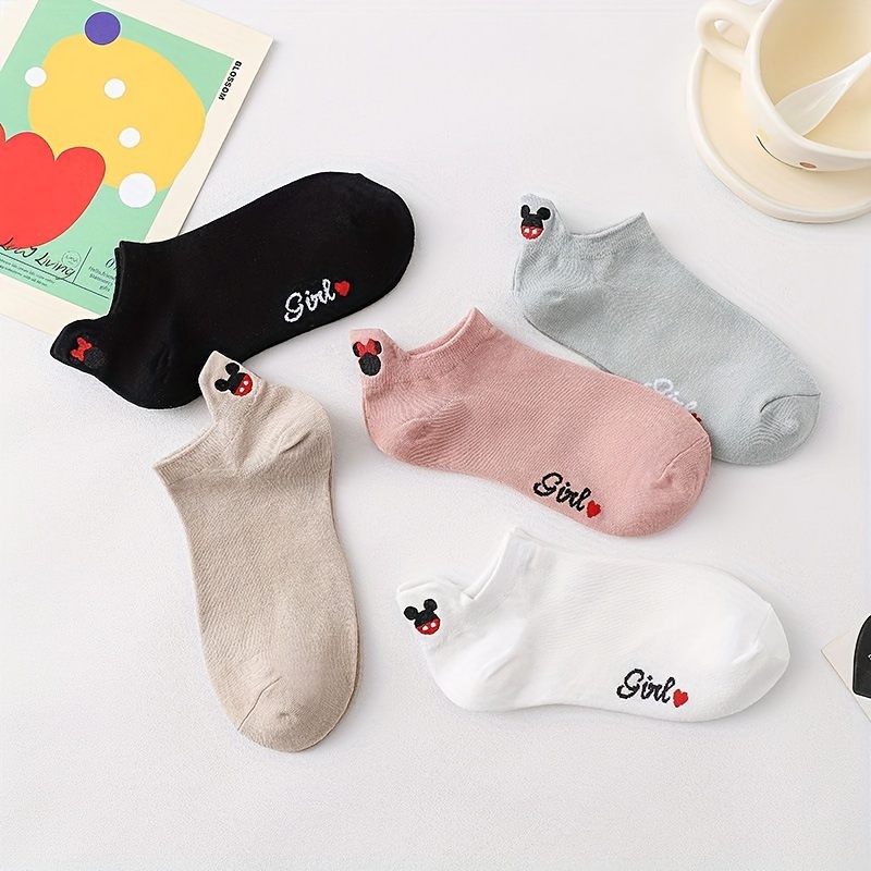 

5 Pairs Cartoon Mouse Socks, Cute & Preppy Low Cut Invisible Ankle Socks, Women's Stockings & Hosiery