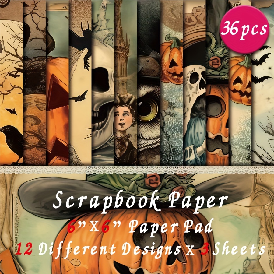 

36 Sheets Halloween Scrapbook Paper Pad - 6x6 Inch Vintage Themed Craft Cardstock For Diy Journaling, Card Making & Background Decoration