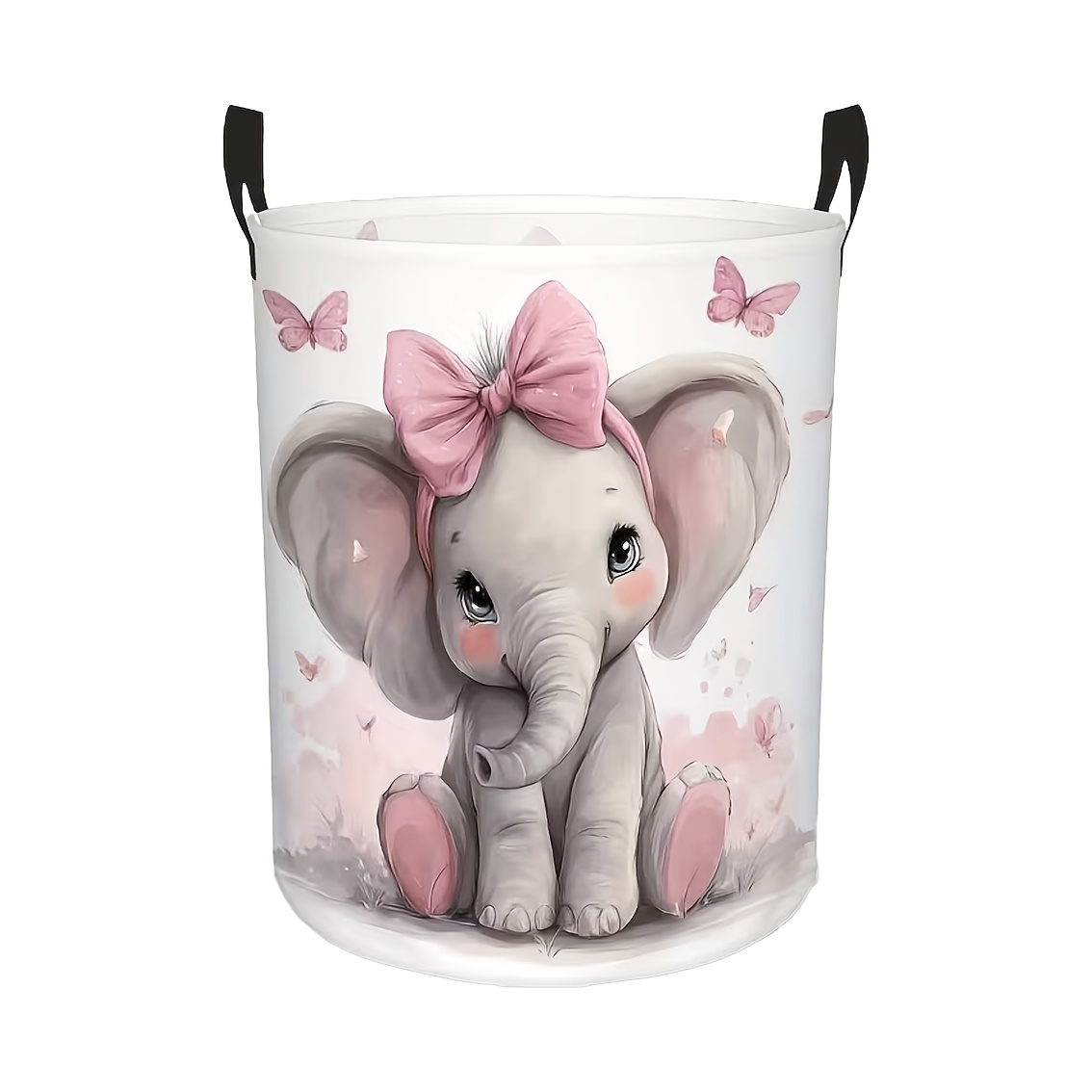 TEMU 1pc Pink Elephant Clothes Hamper Basket With Handle - Foldable Round Suitable For Room, Bathroom, Dorm, Car - Durable Storage Bin For Dirty