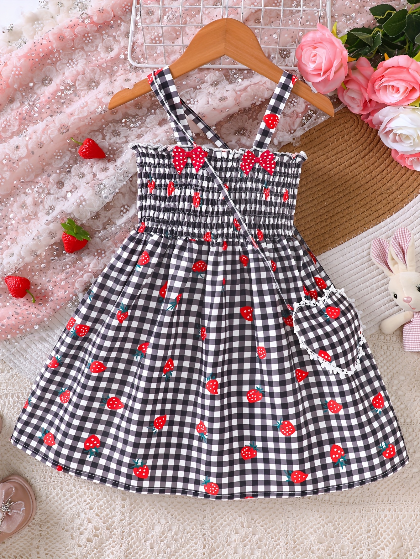 open lace back dress [NOFFICIALNOFFICE] Strawberry Pattern Flutter Dress Top