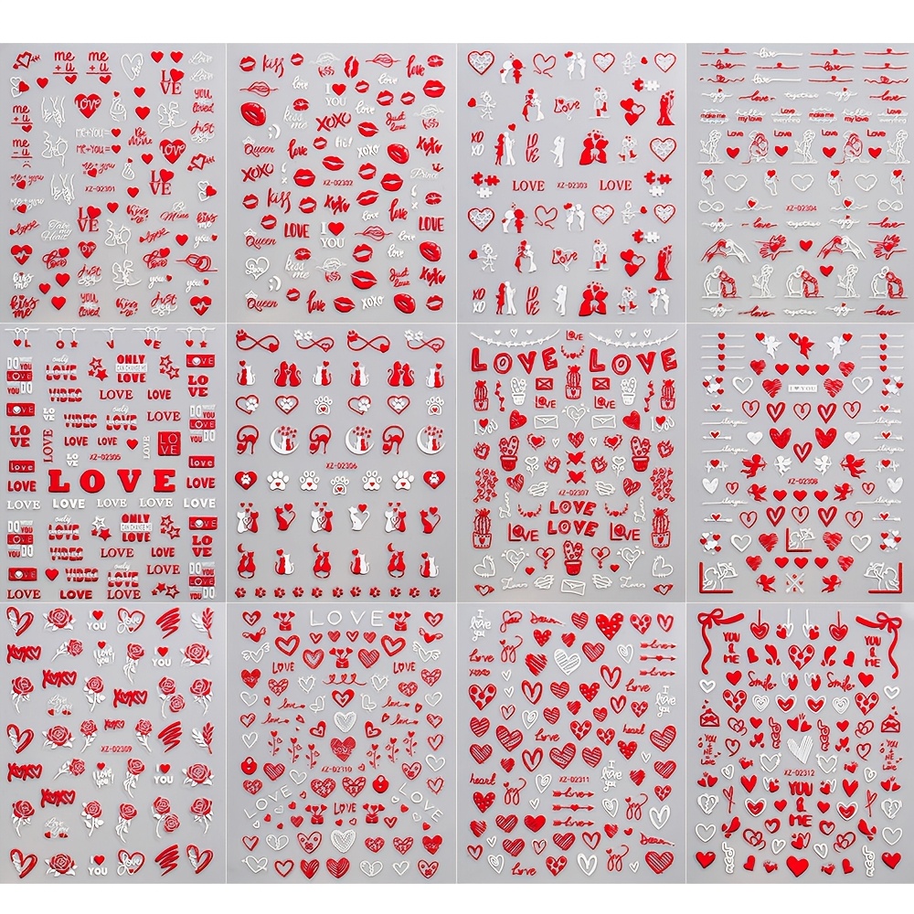 Image of Set Of 12 Valentine's Day Nail Stickers In Red And White Featuring 3d Designs Of Cupid, Hearts, Roses, And Lips. Self-adhesive Decals Are Perfect For Romantic Couples And Used For Manicure Decorations