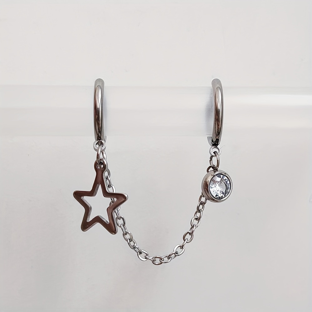 A Silvery Conjoined Chain Round Star Double Pendant Double Pierced Stainless Steel Earring