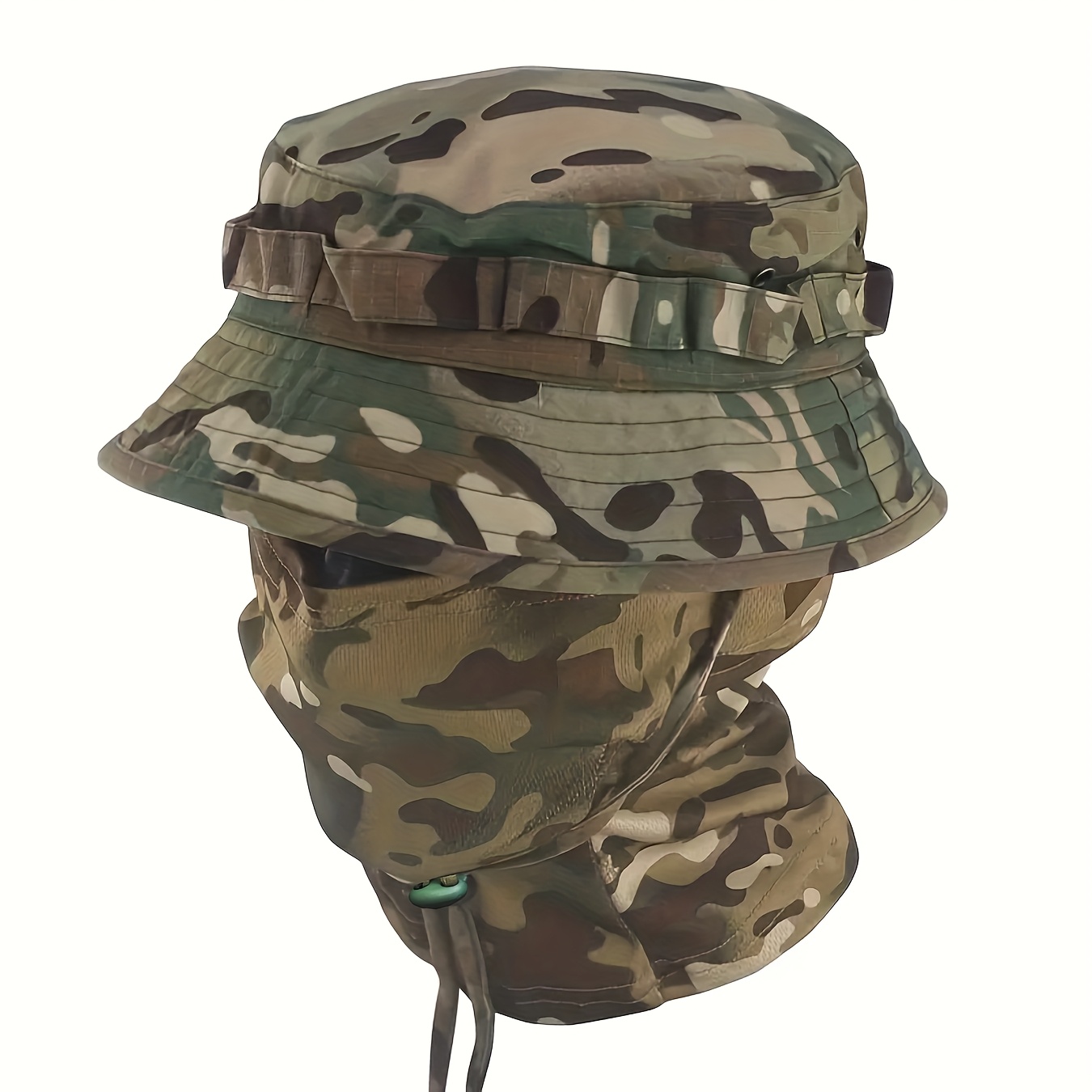 Round- Camouflage Sun Hat With Camouflage Face Cover Set, Camouflage Beanie Hat With Camouflage Head Cover
