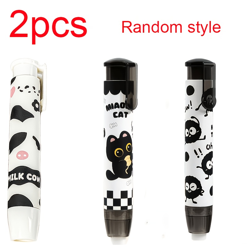 TEMU 2pcs Push-button Eraser Set, Random Pattern, Cartoon Design, Suitable For Students And Office Use. For Everyday Office Work, Study, Writing, And
