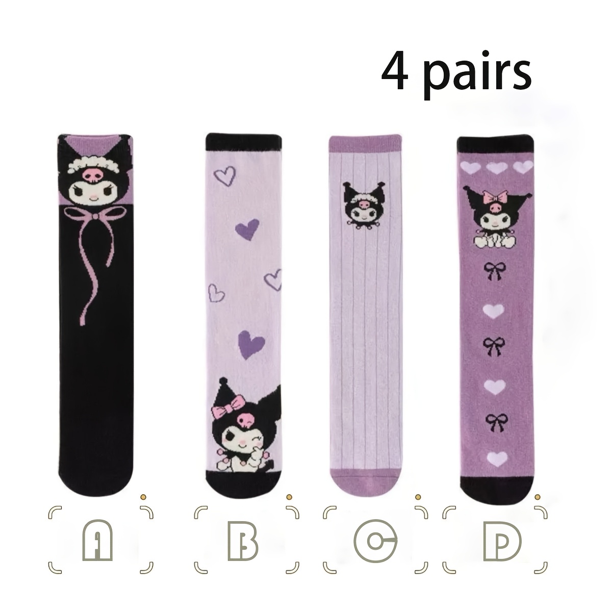 E-shop 4 Paar Damen Outdoor Socken - Hello Kitty Kuromi Serie. Neue Artikel für Herbst und Winter. Gestreifte, Schmetterlingsknoten, Trendige und