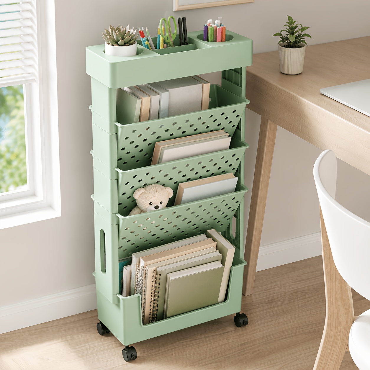 5 tier movable bookshelf storage rack floor standing rolling cart for desk side ideal for storing books office and school supplies with wheels for   suitable for study office