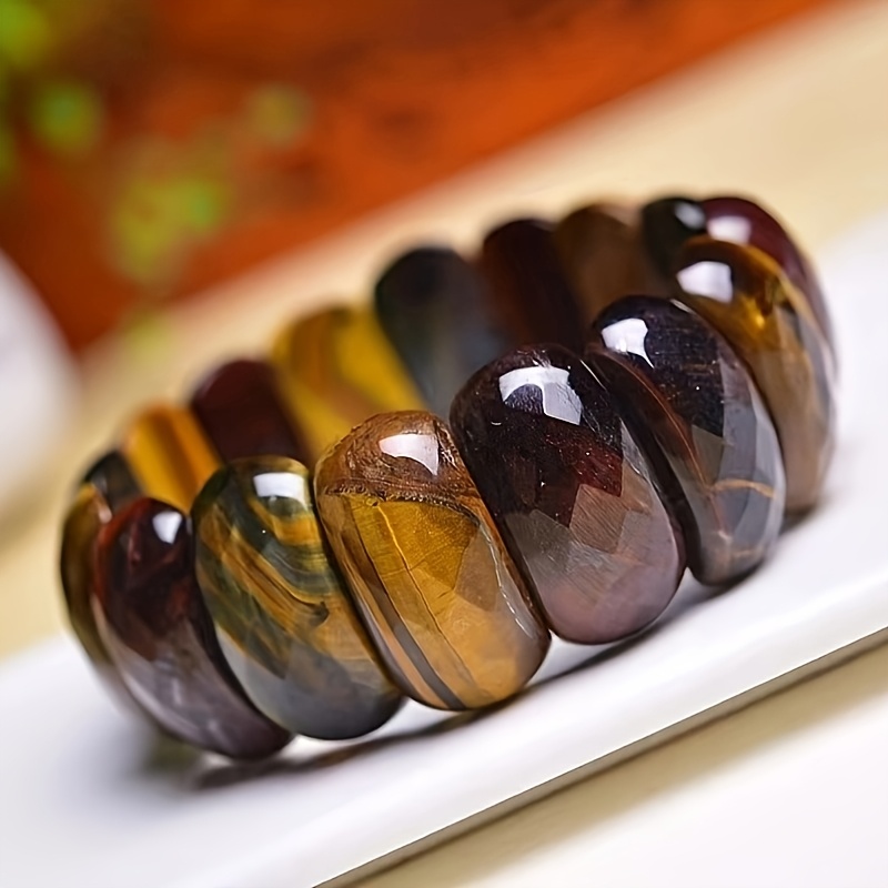 TEMU 1pc Eye Bracelet Bangle, Natural Tiger Eye Stone Bead Stretch Bracelet, Gift Tiger Eye Stretch Bracelet Natural Yellow, Blue And Mixed Tiger Eye