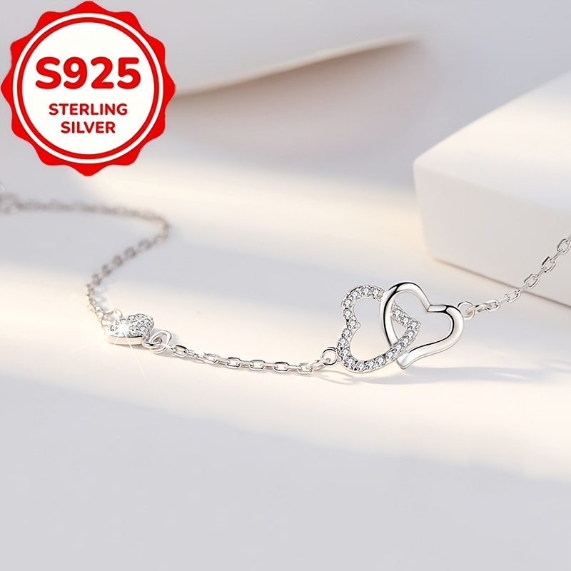 Women's S925 Silver Heart Interlocking Bracelet, Elegant Minimalist Gift
