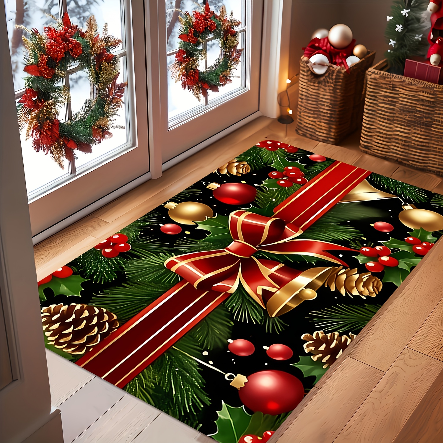 TEMU Paillasson 1 pièce à motif d' de Noël plat 2D, en flanelle, tapis confortable lavable en machine, convient pour la décoration de salle de bain,