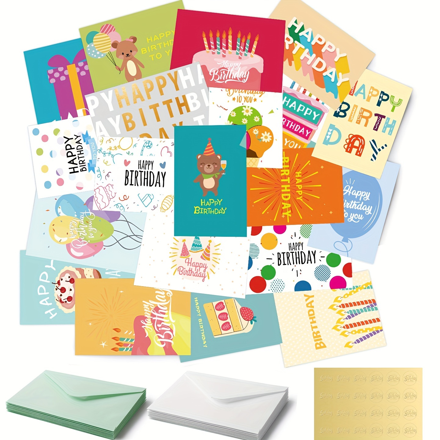 

24 Unique Birthday Cards, Gold Foil Happy Birthday Cards Bulk With Envelopes And Stickers, 4x6 Inch Assorted Blank Birthday Greeting Cards Box Set, Unisex