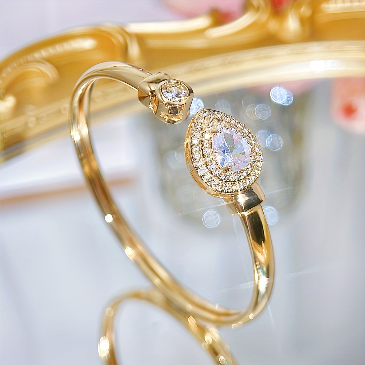 Heart CZ Bangle Adjustable Golden Plated